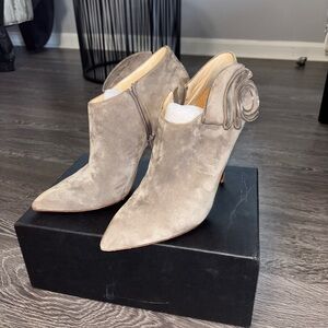 Christian louboutin Chic Taupe Suede Heeled Boots with Floral zipper Detail